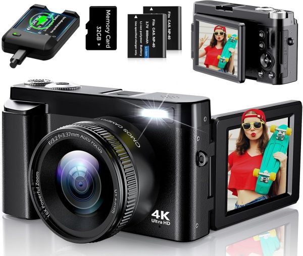 4K Digital Camera for Photography, 64MP Vlogging Camera for YouTube with 3" 180° Flip Screen, 18X Digital Zoom Point and Shoot Camara with 32GB Micro SD Card for Beginner (Black)