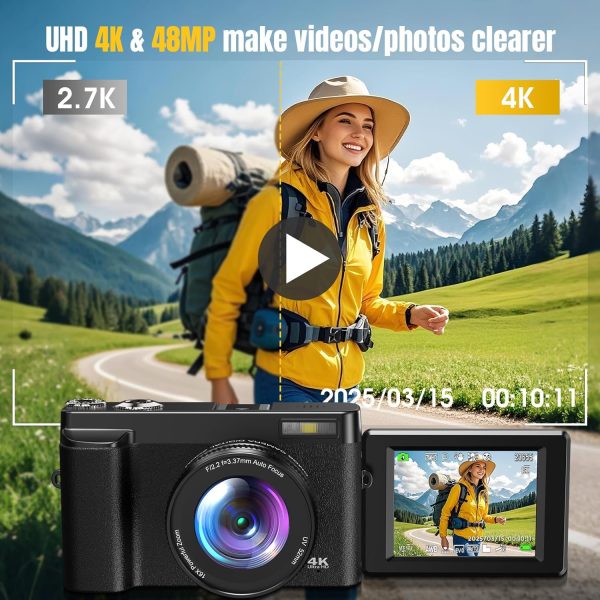 4K Digital Camera for Photography, 64MP Vlogging Camera for YouTube with 3" 180° Flip Screen, 18X Digital Zoom Point and Shoot Camara with 32GB Micro SD Card for Beginner (Black) - Image 2