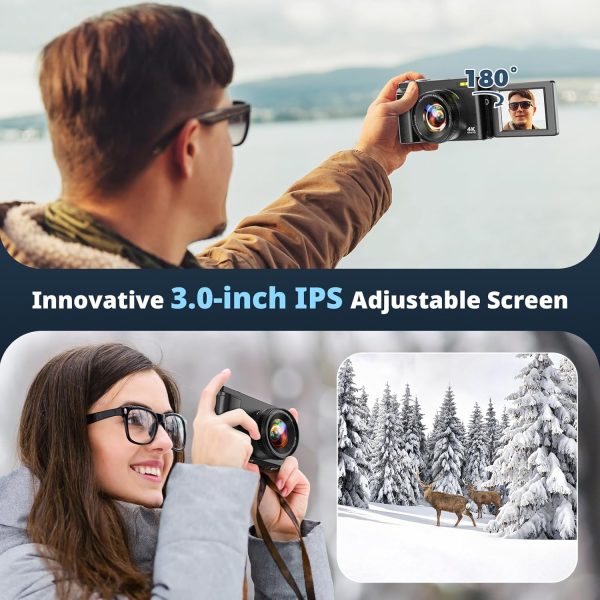 4K Digital Camera for Photography, 64MP Vlogging Camera for YouTube with 3" 180° Flip Screen, 18X Digital Zoom Point and Shoot Camara with 32GB Micro SD Card for Beginner (Black) - Image 3